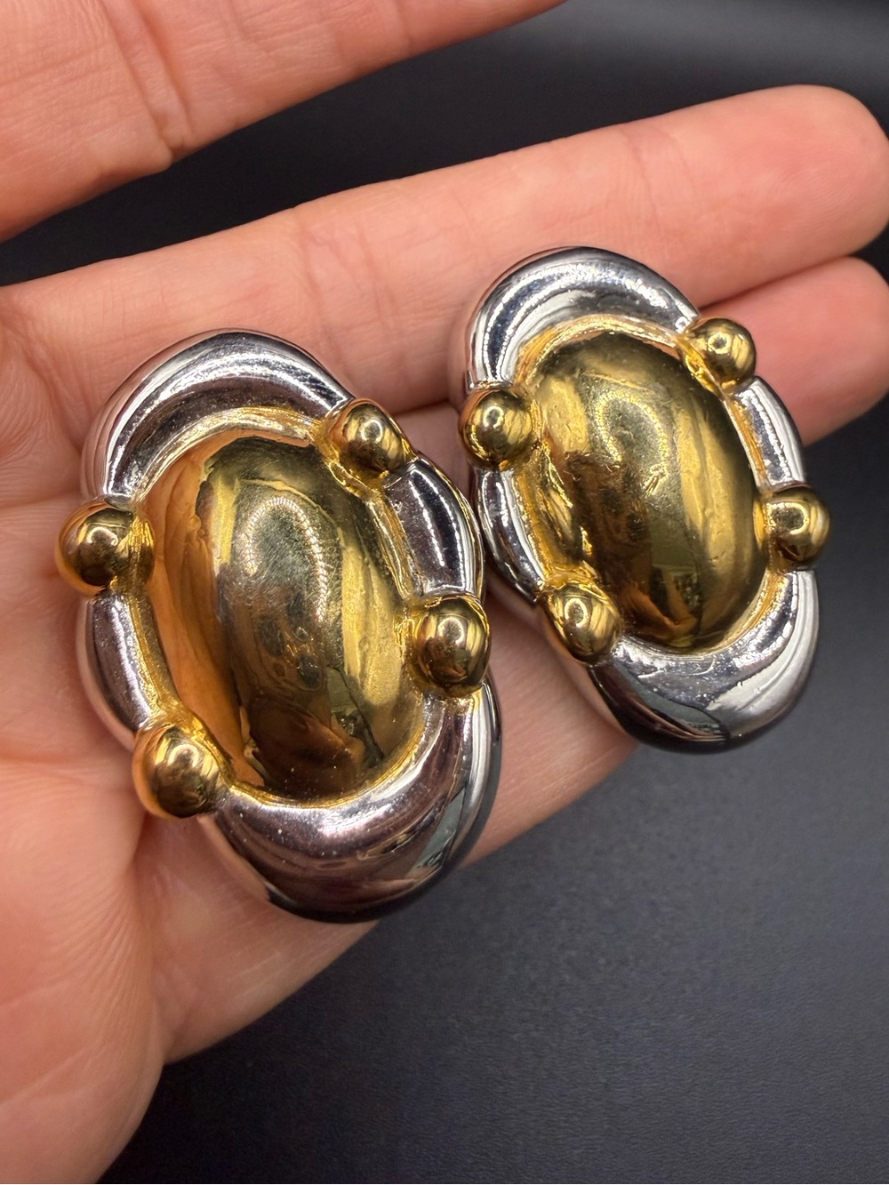Vintage Essex Two-Tone Gold and Silver Oval Clip-On Statement Earrings